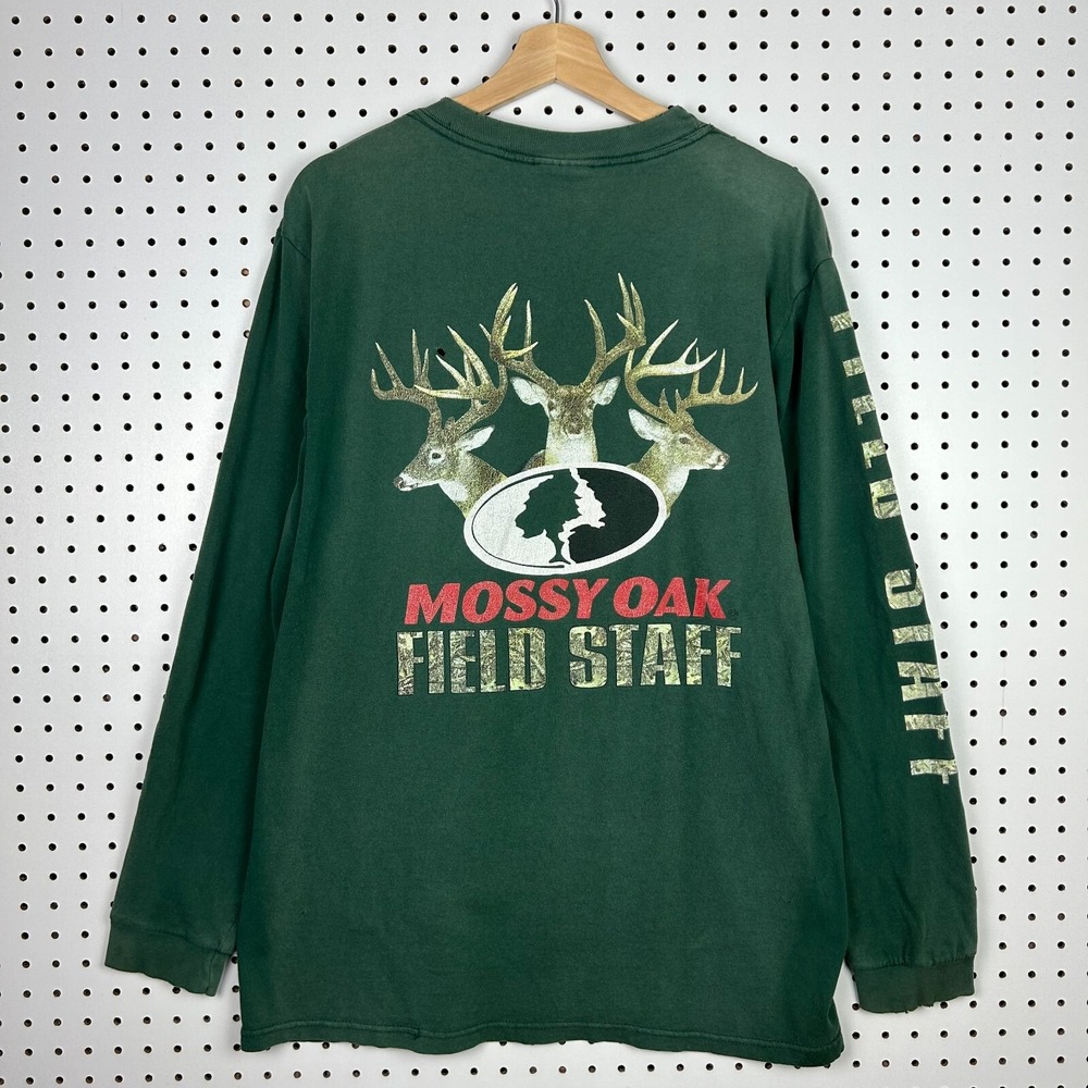 Mossy‎ Oak Field Staff Long Sleeve T Shirt Medium Vintage Faded Worn Camo 90s